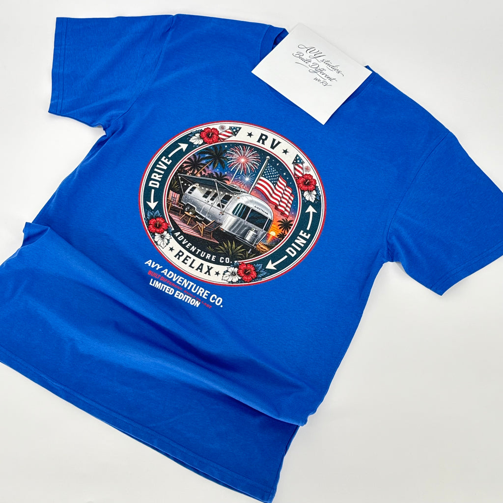 AVY Adventure Co. 4th of July Airstream RV Tee - Blue