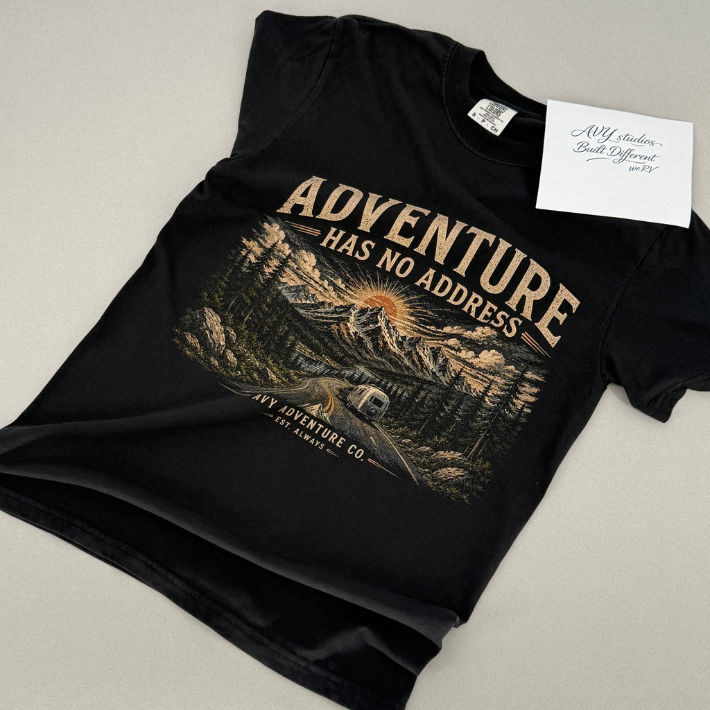 Adventure Has No Address – Premium Outdoor Adventure Tee