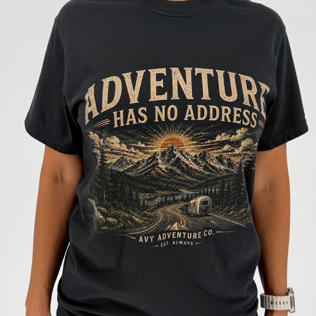 Adventure Has No Address – Premium Outdoor Adventure Tee