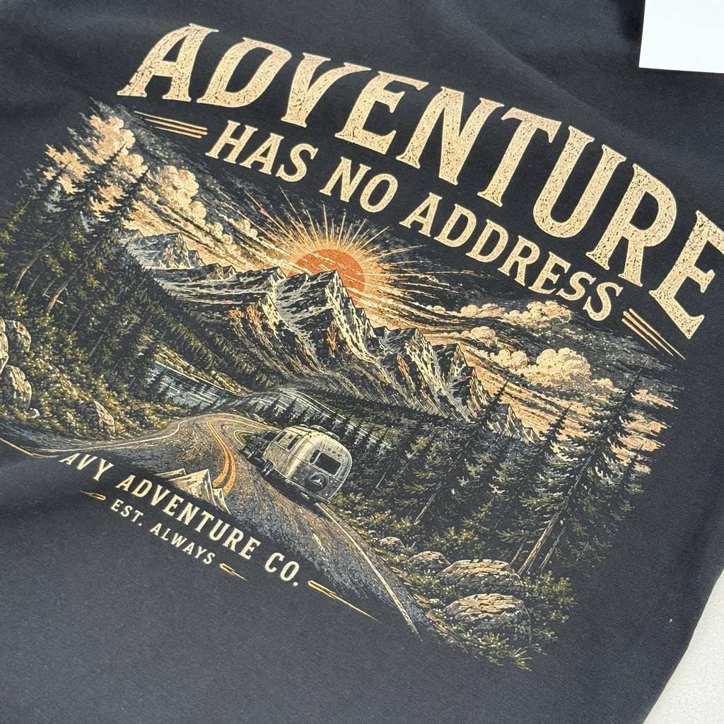 Adventure Has No Address – Premium Outdoor Adventure Tee