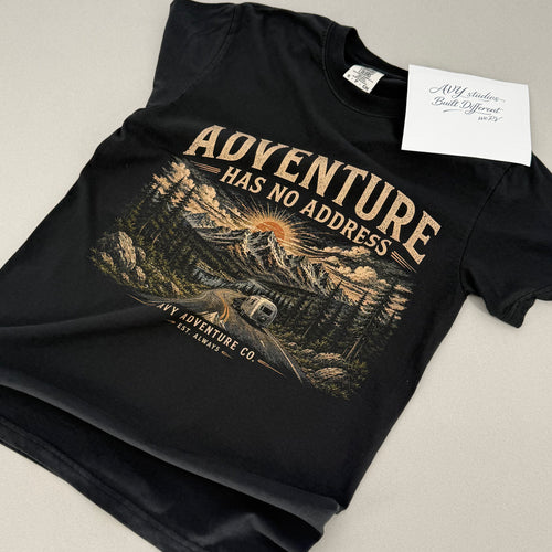 Adventure Has No Address – Premium Outdoor Adventure Tee